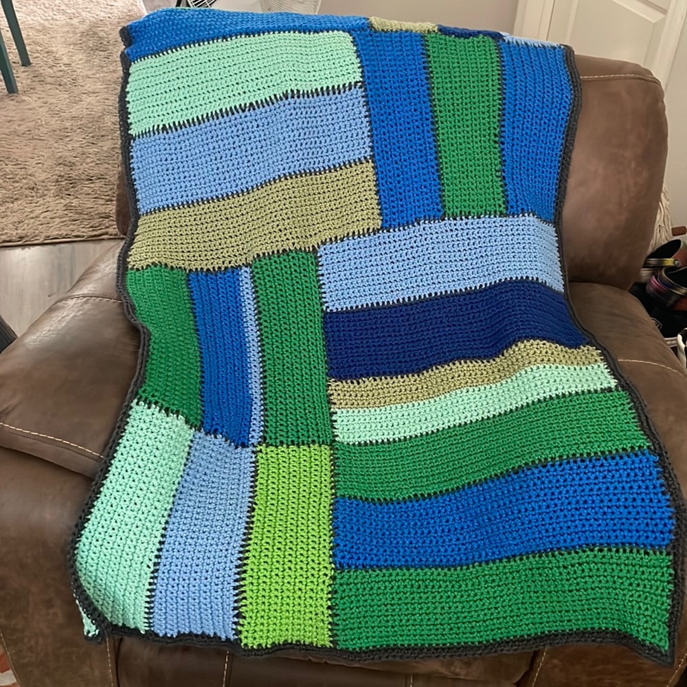 “Ocean” Throw- Crocheted Blanket- Blues-Greens- trimmed in Dark Gray- NEW